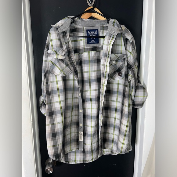 Y2K AKADEMIKS Mens Plaid Button Up Front Shirt Big & Tall 3/4 Sleeve Skate Large - Picture 3 of 13
